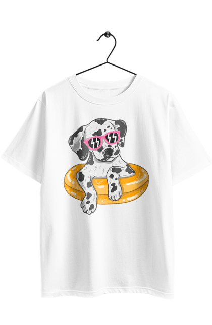 Oversized t-shirt with prints Dalmatian Swims In A Circle. Dalmatian, dog, glasses, to swim. 2070702