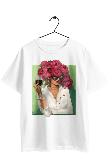 Футболка оверсайз з принтом "Дівчина з півоніями та келихом". Вино, дівчина, квітка, келих, літо, окуляри, півонії, сорочка. 2070702