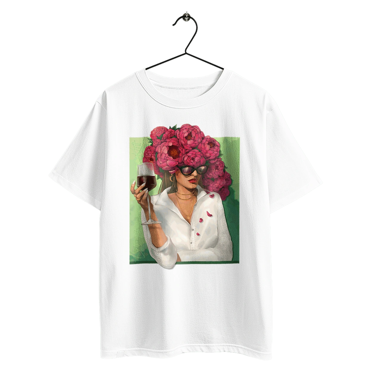 Девушка с пионами и бокалом