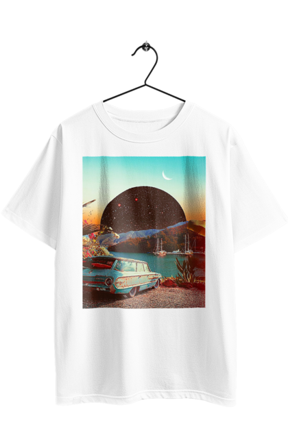 Футболка оверсайз з принтом "Картина, машина біля річки". Картина, машина, планета, прикол, ретро, річка. 2070702