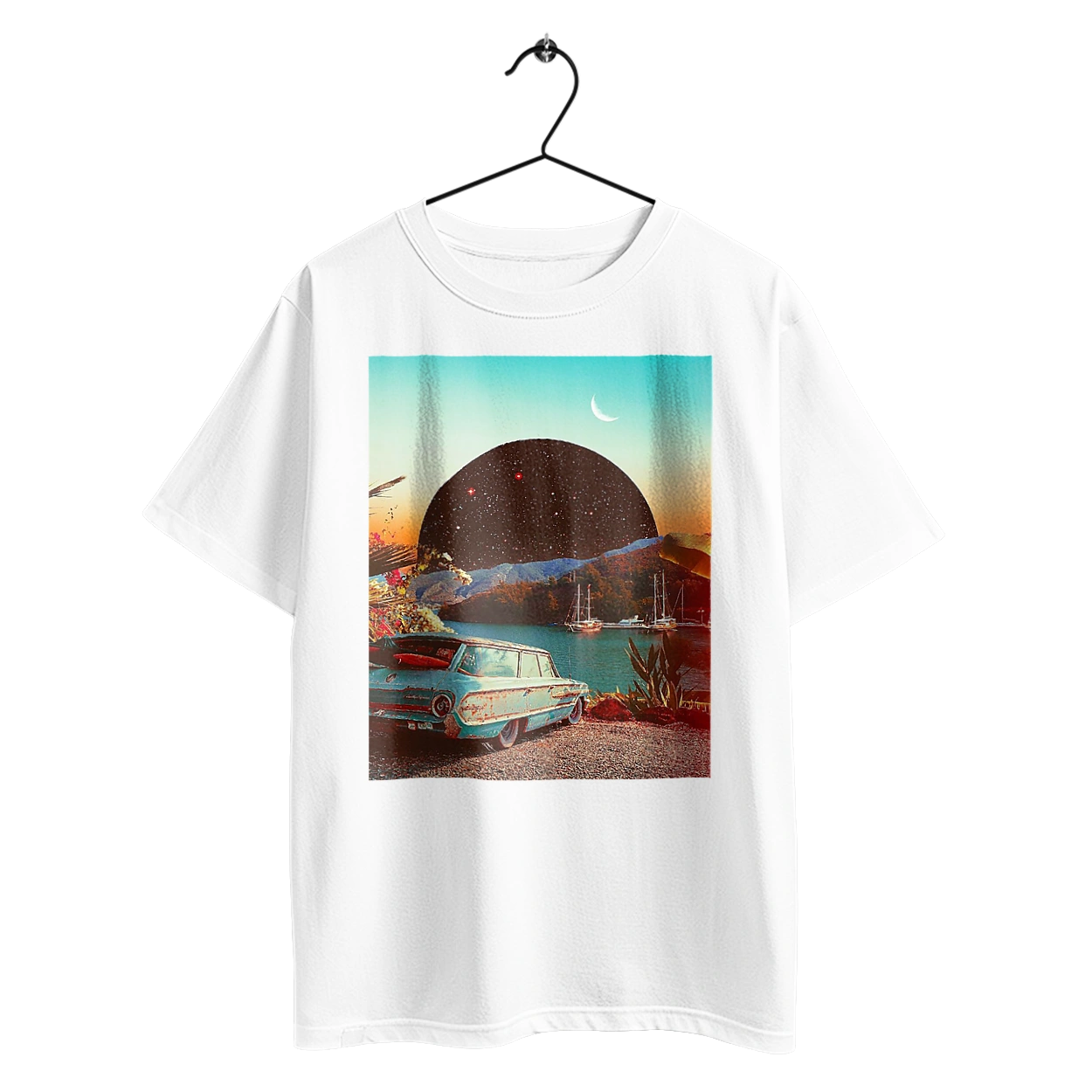 Painting, car by the river