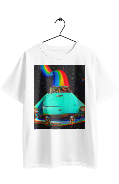 Футболка оверсайз з принтом "Картина, машина у космосі". Веселка, картина, космос, машина, подорожі, поїздка, прикол, ретро. 2070702