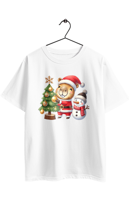 Футболка оверсайз з принтом "Різдвяна капібара з ялинкою". Капібара, новий рік, новорічний подарунок, подарунок, різдво, різдвяна капібара, санта, свято, тварина, ялинка. 2070702