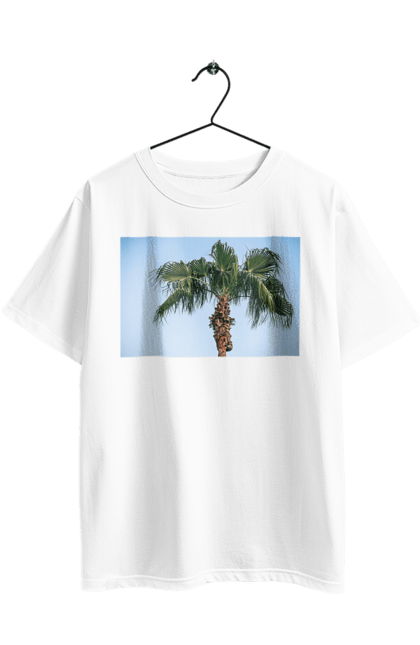 Футболка оверсайз з принтом "Пальма на тлі неба". Берег, блакитне, відпочинок, відпустку, єгипет, зелений, зелені, лист, листя, море, небо, оазис, океан, острів, пальма, південь, подорож, пригоди, тропіки, туреччина. 2070702