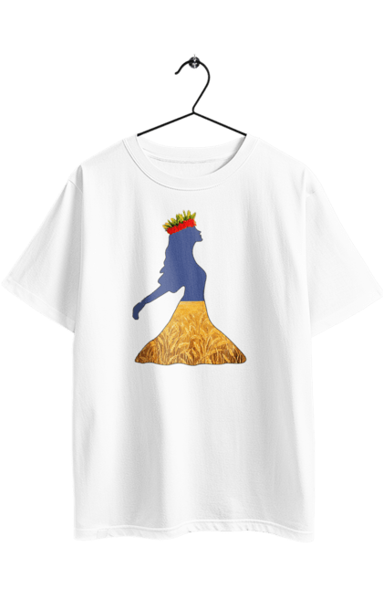 Футболка оверсайз з принтом "Україна". Вінок, дівчина, дівчинка, жовтий синій, жовто-блакитне, маки, національні кольори, небо, пшеничне поле. 2070702