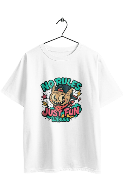 Футболка оверсайз з принтом "Лабубу". Norulesjustfun, y2k, бандана, вуличний стиль, грайливий, графіті, зухвалий, лабубу, ретромультяшка, яскраво. 2070702