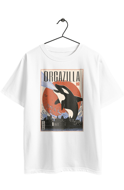 Oversized t-shirt with prints Orcazilla. Cartoon style design, graphic, japan print, japanese, japanese art, japanese poster, japanese poster orca, ocean wildlife, orca, orcazilla. 2070702