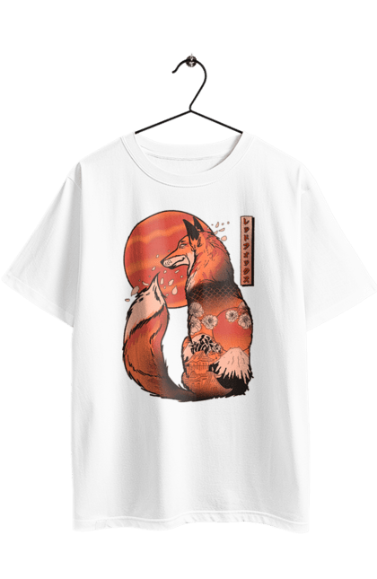 Oversized t-shirt with prints Kitsune. Animal, cherry blossoms, flowers, fox, great wave, japan, japanese, kitsune, mount fuji, red fox. 2070702