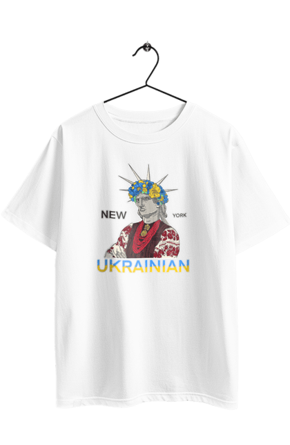 Oversized t-shirt with prints UA & NY. Embroidered shirt, new york, statue of liberty, ukraine, wreath. 2070702