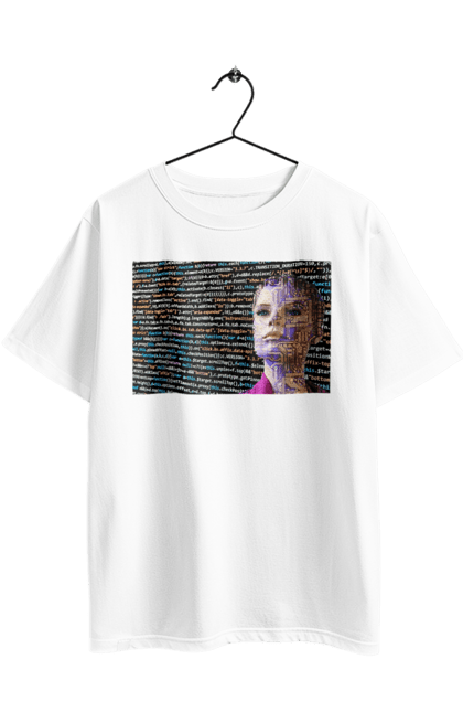 Футболка оверсайз з принтом "Штучний Розум". Айті, айтішник, гик, жінка, знання, інженер, інтелект, кібер, кібернетика, кіборг, код, комп, комп`ютерник, кристал, машинне навчання, мікросхема, мозок, портрет, програміст, професіонал, професія, розробник, розум, світиться, світло, хакер, чіп, штучний інтелект, штучний розум. 2070702