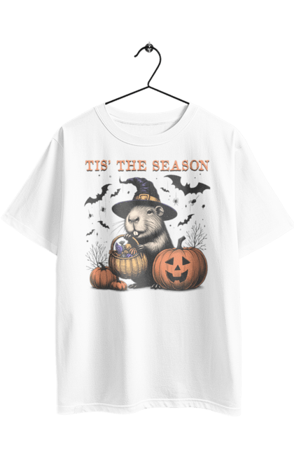 Футболка оверсайз з принтом "Капібара Хелловін". Capybara, halloween, відьма, водосвинка, гарбуз, гризун, капібара, свято, тварина, хелловін. 2070702