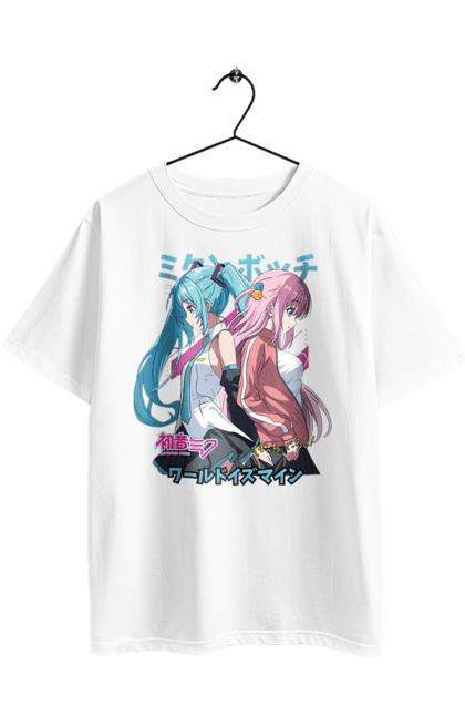 Oversized t-shirt with prints Hatsune Miku and Hitori Gotou. Anime, bocchi the rock, hatsune miku, hitori goto, hitori gotou, lonely rocker, miku, rocker, vocaloid. 2070702