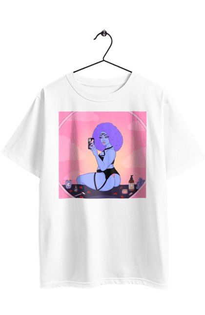 Oversized t-shirt with prints Purple Girl Photo In The Mirror. Mirror, whiteness. 2070702