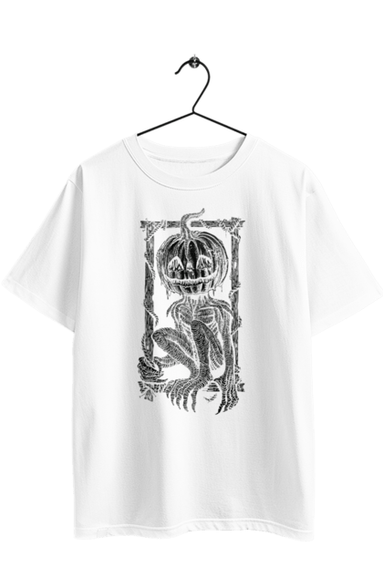 Футболка оверсайз з принтом "Опудало". Гарбуз, гелловін, жахіття, кігті, опудало, осінь, посмішка, рамка, скелет, хелловін. 2070702