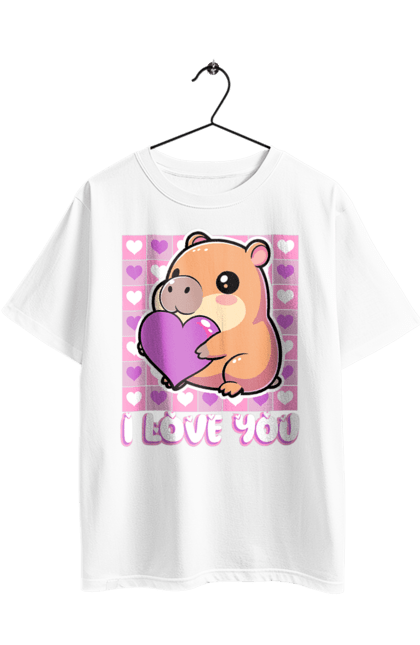 Футболка оверсайз з принтом "Закохана капібара". I love you, валентинка, день святого валентина, капибара, кохання, милі тварини, пара капібар, романтика, романтичний подарунок, серця. 2070702