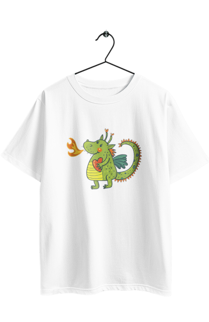 Футболка оверсайз з принтом "Закоханий дракон". Вогонь, дракон, зелений дракон, любов, новий рік, серце, символ 2024. 2070702