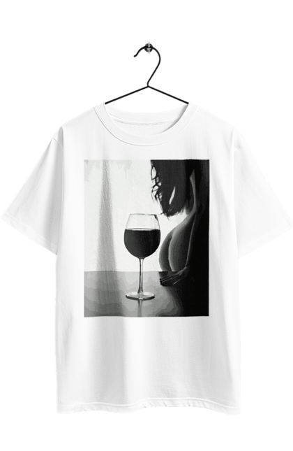 Oversized t-shirt with prints A glass of wine. Expectation, friday again, grace, woman`s body. 2070702