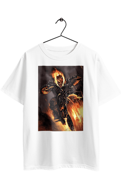 Футболка оверсайз з принтом "Пекельний Гонщик". Вогонь, мотоцикл, пекельний гонщик, скелет, чоппер. 2070702