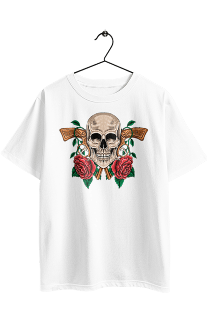 Oversized t-shirt with prints Skull with roses. Bones, eyes, flowers, gun, leaves, rose flower, scull, spikes, teeth. 2070702