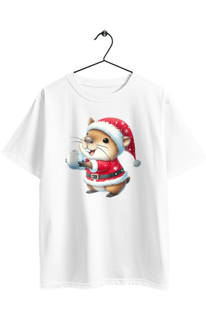 Футболка оверсайз з принтом "Капібара грає у сніжки". Гра, капібара, новий рік, подарунок, різдво, різдвяна капібара, санта, свято, сніжки, тварина. 2070702