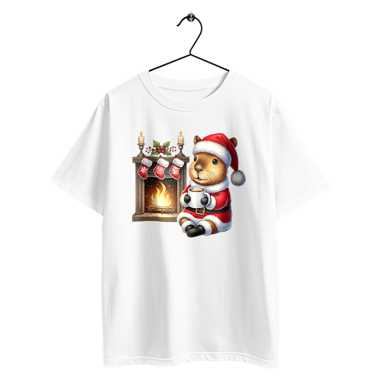 Капібара біля каміна з гарячим шоколадом