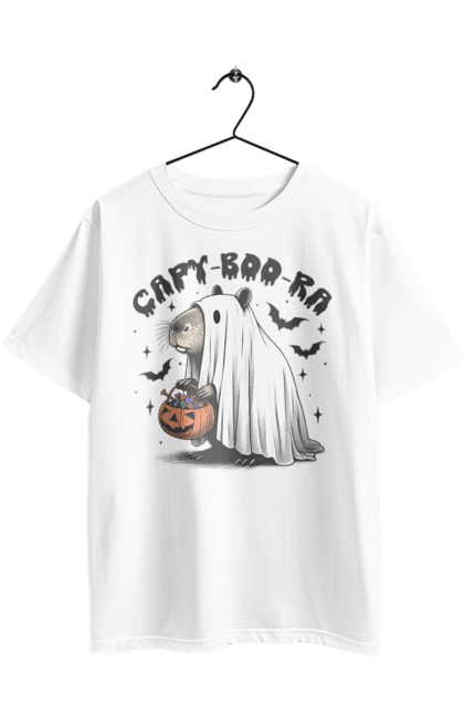 Футболка оверсайз з принтом "Капібара Хелловін". Capybara, halloween, водосвинка, гарбуз, гризун, капібара, привид, свято, тварина, хелловін. 2070702