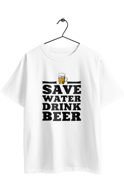 Футболка оверсайз з принтом "Бережи воду, пий пиво (чорна)". 18+, алкоголь, бар, гумор, любителям писа, меми, пиво, приколи, текст, чоловікам. 2070702