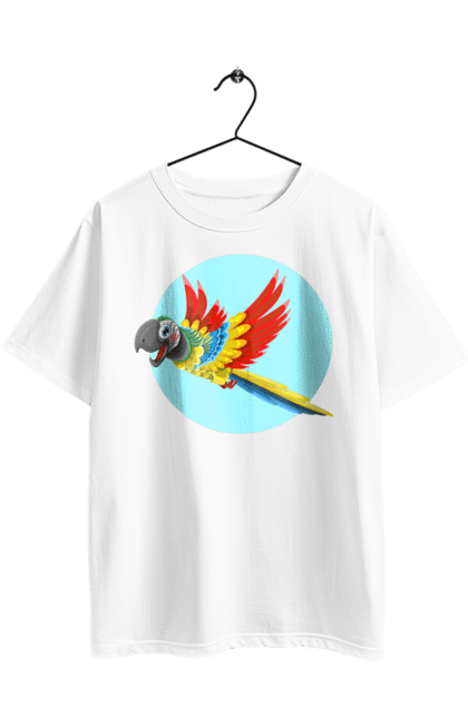Футболка оверсайз з принтом "Папуга". Барвистий папуга, какаду, кольоровий папуга, папуга, що летить. 2070702