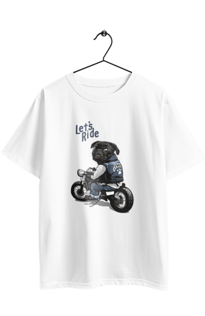 Футболка оверсайз з принтом "Мопс на мотоциклі". Байкер, мопс, мотоцикл, собака, тварини. 2070702