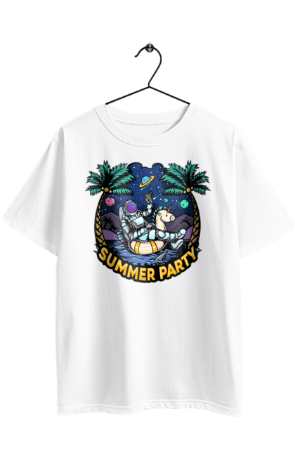 Футболка оверсайз з принтом "Літній Паті З Космонавтом". Космонавт, космос, літо. 2070702