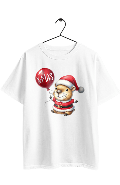 Футболка оверсайз з принтом "Різдвяна капібара". Актуальне, капібара, новий рік, новорічний подарунок, повітряна куля, подарунок, різдво, різдвяна капібара, санта, свято, тварина. 2070702
