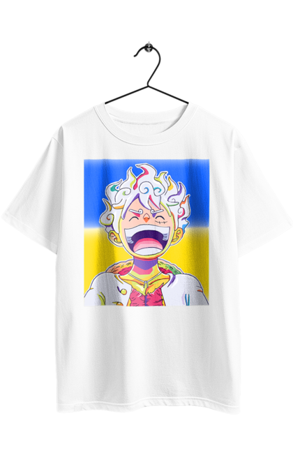 Футболка оверсайз з принтом "Монкі д Луффі сміється на жовто блактному фоні". Ван піс, луффі, монкі д. луффі, прапор україни, символ україни, україна. 2070702