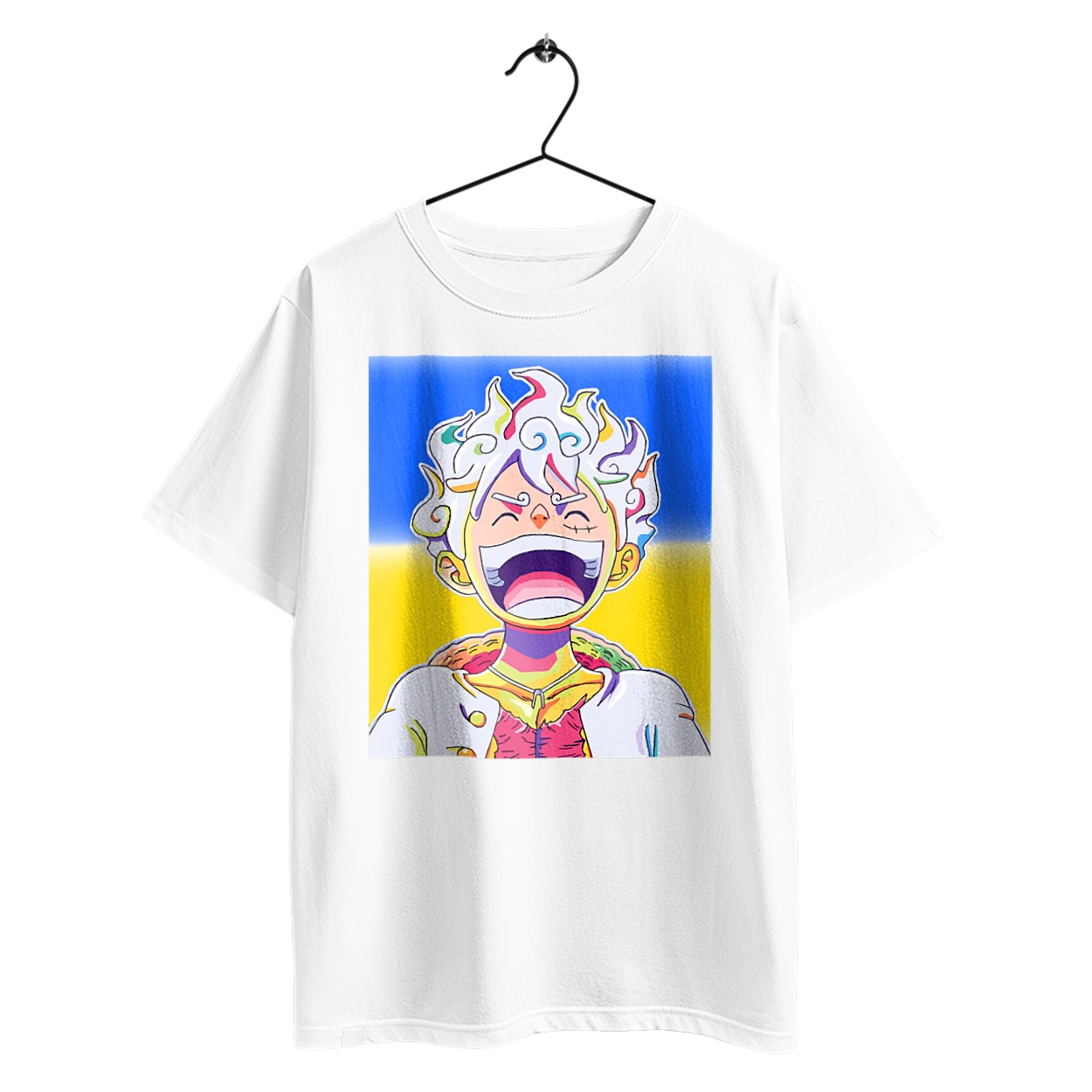 Монки д Луффи смеется на желтом синем фоне.