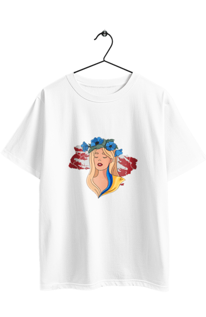 Футболка оверсайз з принтом "Дівчина на карті України". Дівчина, дівчина на карті, жовтий, карта україни, квіти, прапор, синій, україна, червоний. 2070702