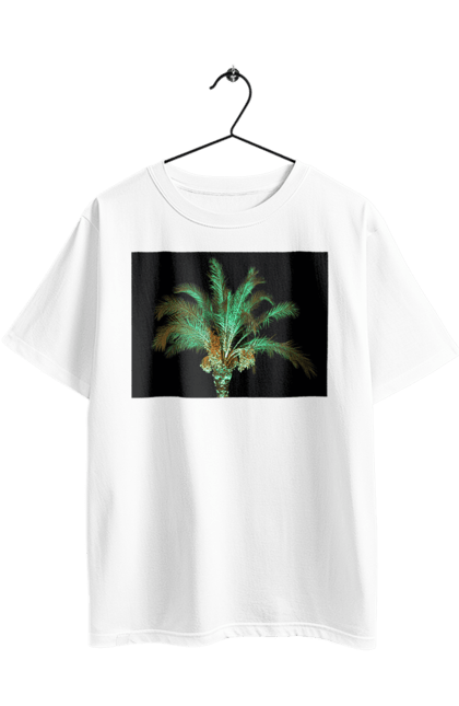 Футболка оверсайз з принтом "Фінікова Пальма Вночі". Берег, відпочинок, відпустка, зелений, море, ніч, оазис, океан, острів, пальма, південь, подорож, пригоди, тропіки, фінікова, чорне. 2070702