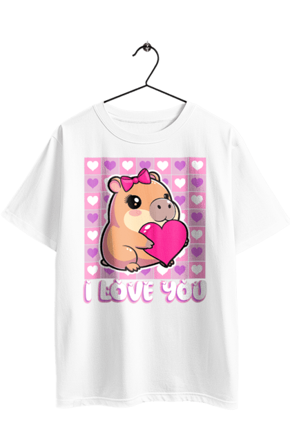 Футболка оверсайз з принтом "Закохана капібара". I love you, валентинка, день святого валентина, капибара, кохання, милі тварини, пара капібар, романтика, романтичний подарунок, серця. 2070702