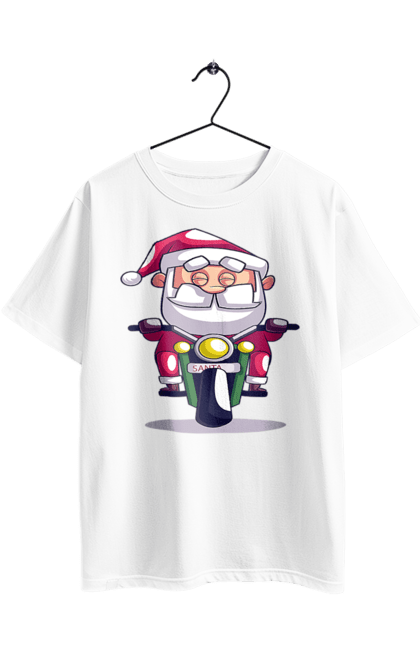 Футболка оверсайз з принтом "Щасливий Санта на мотоциклі". 2022, дід мороз, зима, мотоцикл, новий рік, різдво, санта, сніг. 2070702