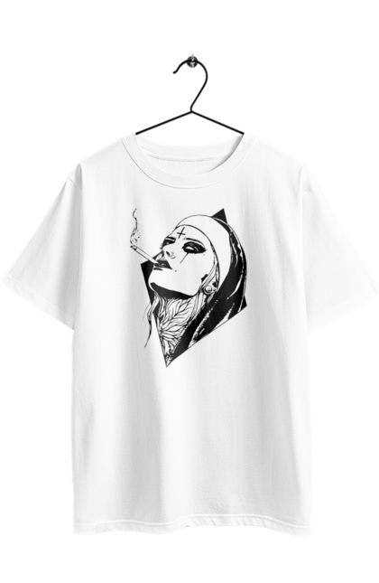 Футболка оверсайз з принтом "Монашка". Дівчина, круто, сигарети, тату. 2070702