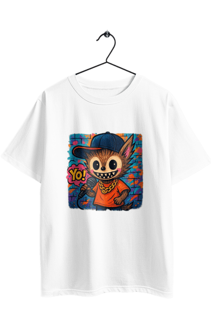 Футболка оверсайз з принтом "Лабубу". Бейсболка, вуличне мистецтво, графіті, золотийланцюг, лабубу, мікрофон, міський стиль, репатмосфера, хіпхоп, яскраво. 2070702