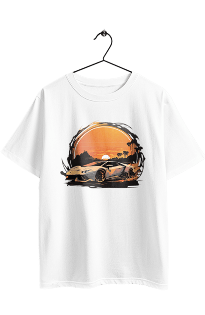 Футболка оверсайз з принтом "Ламборджині на заході сонця". Авто, автомобіль, ламборджині, машина, машини. 2070702