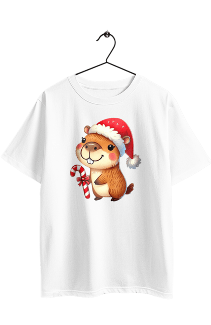 Футболка оверсайз з принтом "Капібара з різдвяним льодяником". Капібара, льодяник, новий рік, новорічний подарунок, подарунок, різдво, різдвяна капібара, санта, свято, тварина. 2070702