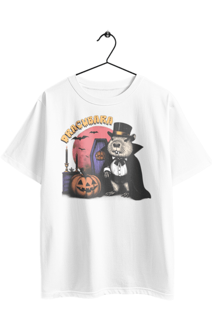 Футболка оверсайз з принтом "Капібара Хелловін". Capybara, halloween, вампір, водосвинка, гарбуз, гризун, капібара, свято, тварина, хелловін. 2070702