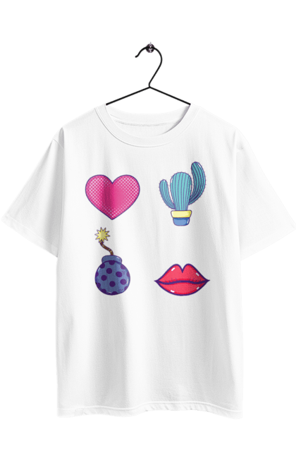 Футболка оверсайз з принтом "Серце, Кактус, Бомба, Губи". Бомба, губи, кактус, серце. 2070702