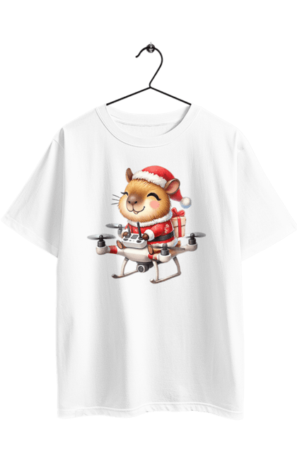 Футболка оверсайз з принтом "Різдвяна капібара з подарунком". Капібара, капібара з подарунком, новий рік, новорічний подарунок, подарунок, різдво, різдвяна капібара, санта, свято, тварина. 2070702