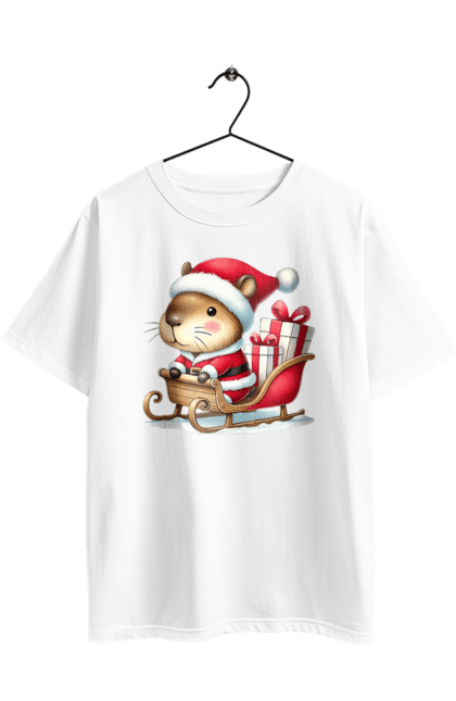 Футболка оверсайз з принтом "Різдвяна капібара з подарунком". Капібара, капібара з подарунком, новий рік, новорічний подарунок, подарунок, різдво, різдвяна капібара, санта, свято, тварина. 2070702