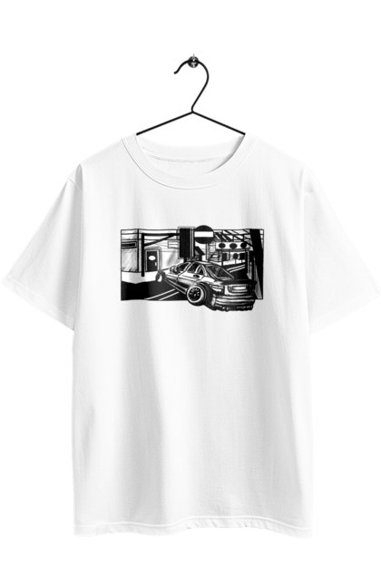 Футболка оверсайз з принтом "Небезпечний Автомобіль на дорогах вулиць". Автомобіль, гонки, машина, небезпечний, чорно білий, швидкий. 2070702