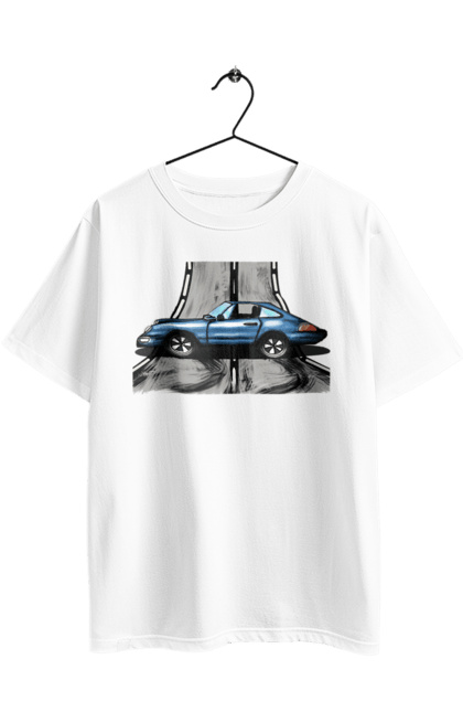 Футболка оверсайз з принтом "Спортивний Автомобіль На Дорозі". Автомобіль, гонки, синій, спортиного, швидкий, швидкісний. 2070702