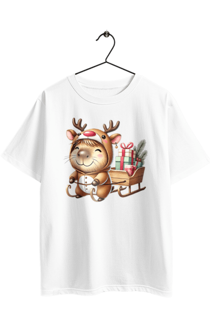 Футболка оверсайз з принтом "Різдвяна капібара з подарунком". Капібара, капібара з подарунком, новий рік, новорічний подарунок, подарунок, різдво, різдвяна капібара, санта, свято, тварина. 2070702