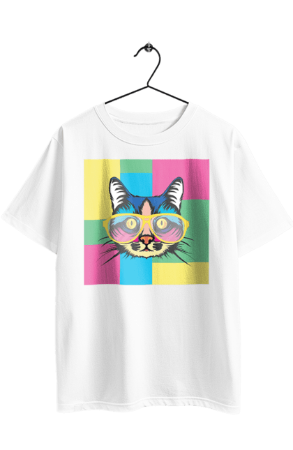 Футболка оверсайз с принтом Кот в очках. Арт, животное, кот, котик, очки, рисунок, усы, шерсть, яркий. 2070702