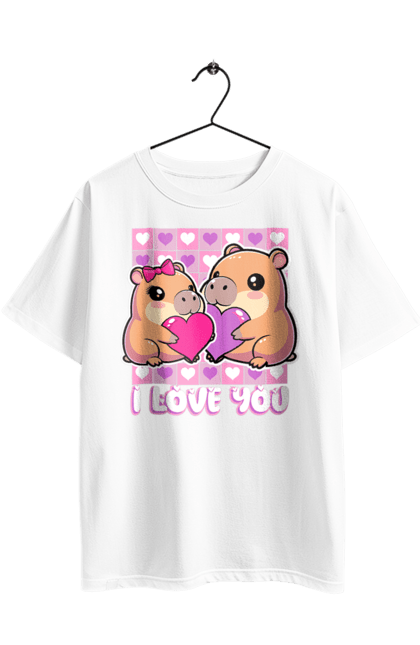 Футболка оверсайз з принтом "Закохана капібара". I love you, валентинка, день святого валентина, капибара, кохання, милі тварини, пара капібар, романтика, романтичний подарунок, серця. 2070702